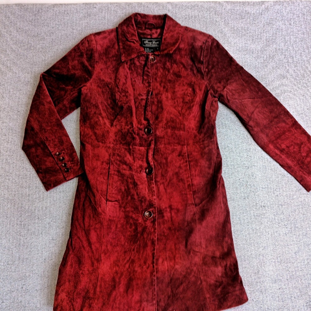 Terry Lewis Suede Leather Trench Coat Womens Size S Burgundy Excellent Long Coat